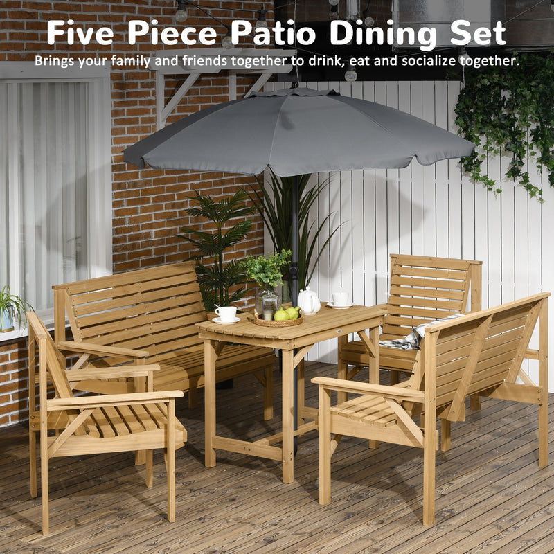 5 Piece Wooden Patio Dining Set for 6, Outdoor Conversation Set with 2 Armchairs, 2 Loveseats, and Dining Table with Umbrella Hole for Backyard, Garden, Light Brown