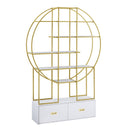 70.8 Inch Round Office Bookcase Bookshelf, Display Shelf, Two Drawers, Gold Frame