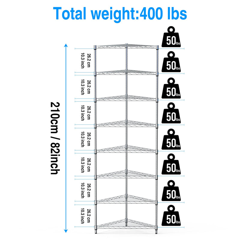 8 Tier Triangles Corners Wire Shelving Unit, NSF Height Adjustable Metal Storage Shelves, Heavy Duty Storage Wire Rack Metal Shelves - 82" H x 20" L x 20" D - Chrome