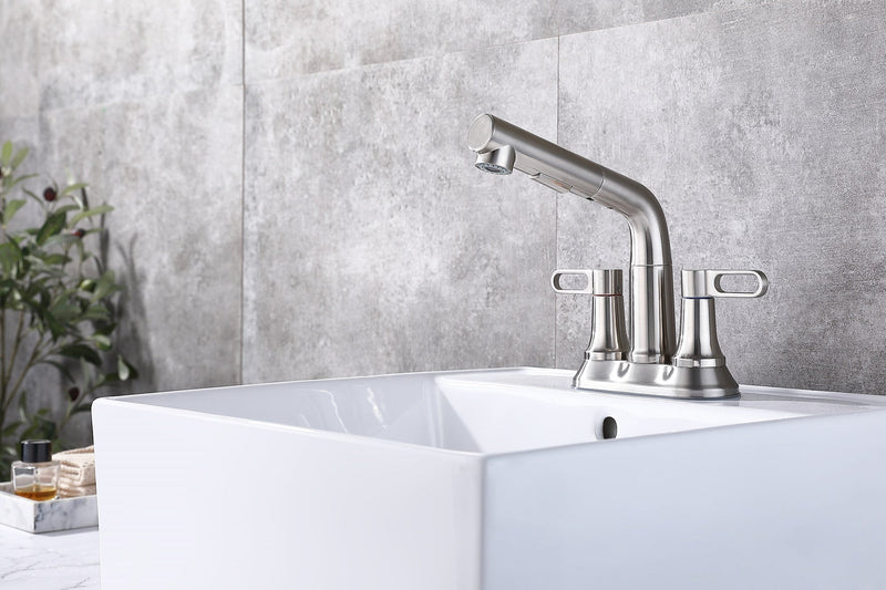 2 Handle Bathroom Sink Faucet 3 Hole with Pull Out Sprayer, Centerset Bathroom Faucets, 4 Inch Centerset Bathroom Faucet with Retractable Hose, Hot and Cold Water Mixing Faucet