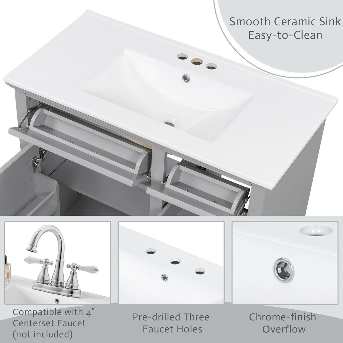 36" Bathroom Vanity With Sink, 2 Tip-Out Drawers, Soft Close Hinges, photo 5 of 40
