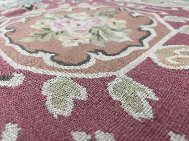 9x9 Square Rug Hand Knotted, Needlepoint Aubusson Carpet, Blush Red, Beige, Green, New, Mint Condition Area Rug, English European Design