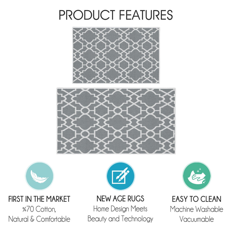 Geometric Graphic Design Non Skid Washable Kitchen Runner Rugs Set of 2| 44 x 24 and 31.5 x 20 Inches Floor Mats |Gray