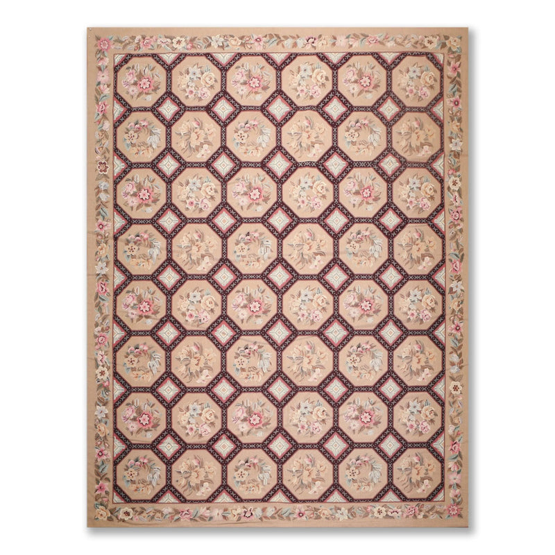 9' x 12' Hand Woven Floral 100% Wool French Needlepoint Area Rug Tan