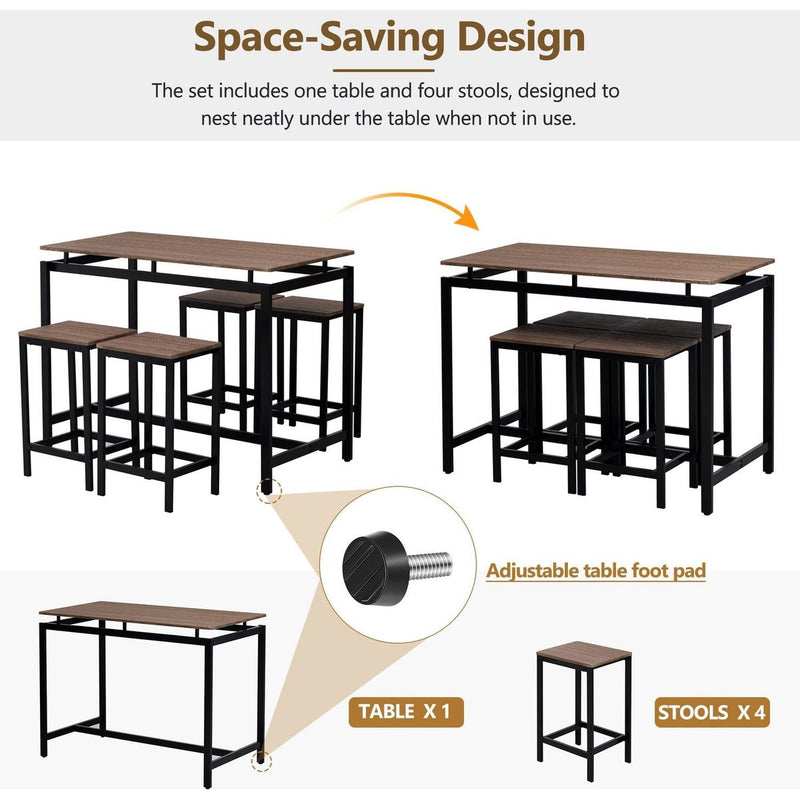 5-Piece Compact Bar Table Set with Table and Stools - Modern Industrial Design, Space-Saving Furniture for Dining Room and Breakfast Nook (Dark Brown)