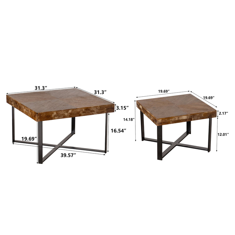 31.3"Modern Retro Splicing Square Coffee Table, Fir Wood Table Top with Cross Legs Metal Base (Set of 2 pcs)