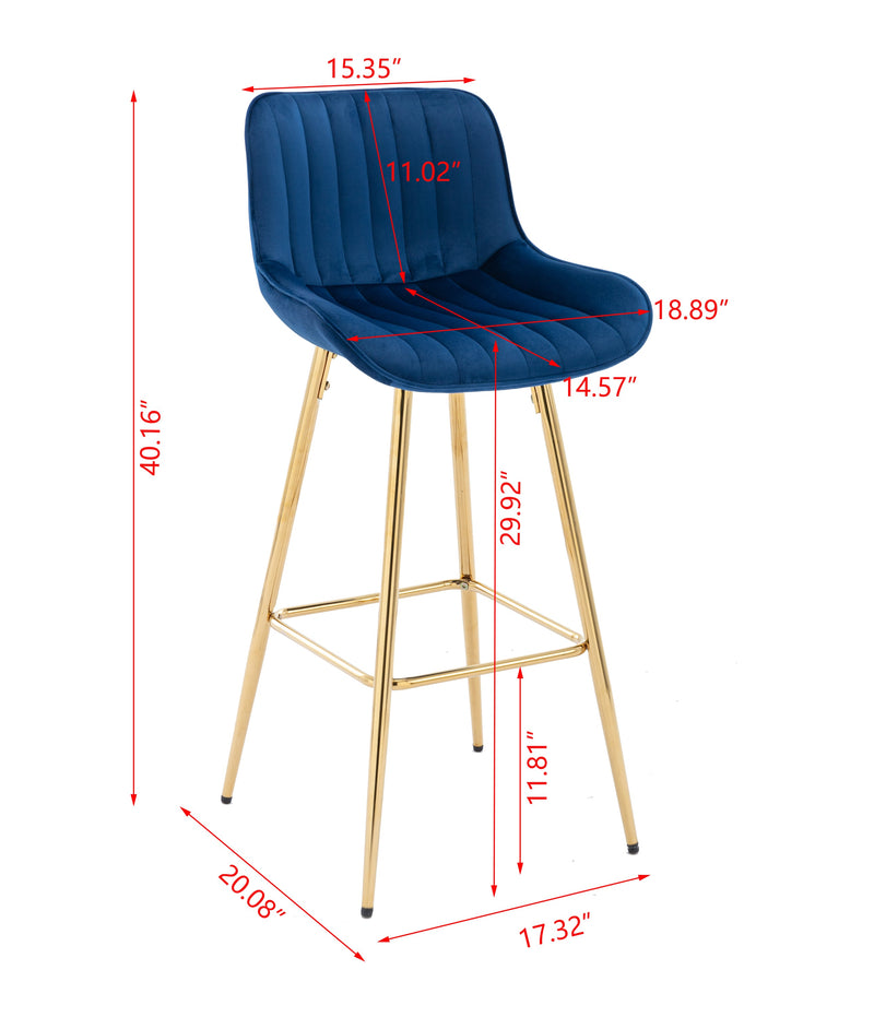 30 inch Set of 2 Bar Stools, with Chrome Footrest Velvet Fabric Counter Stool Golden Leg Simple High Bar Stool, BLUE