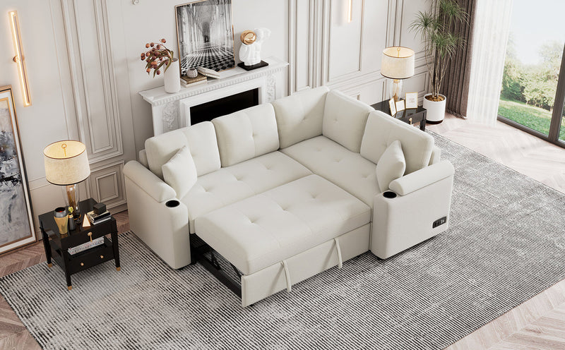 87.4" L-shape Sofa Bed Pull-out Sleeper Sofa with Wheels, USB Ports, Power Sockets for Living Room, Beige