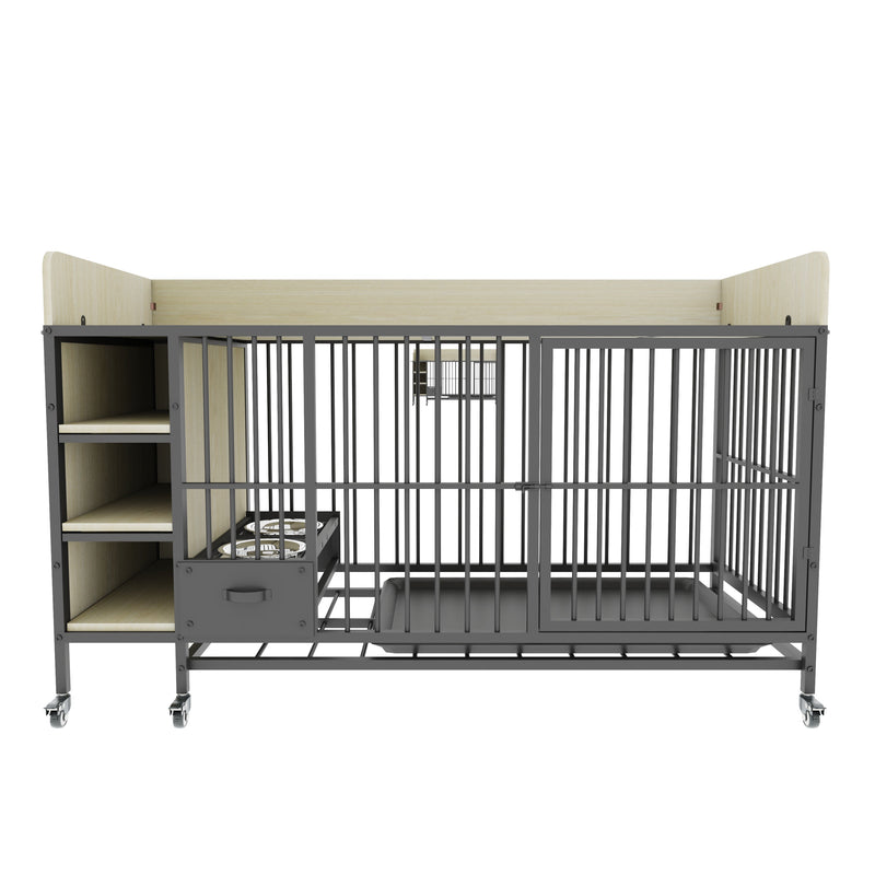 Large pet cage with storage rack, drawers with stainless steel food and water basin, made of iron frame and MDF material, sturdy, exquisite, and practical (black+beige)