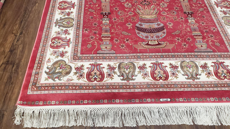 4 x 6 Silk Carpet Red, Traditional Oriental Rug 4x6, Flower Vase Columns, Turkish Rug New, High Quality, Bamboo Silk, Area Rug