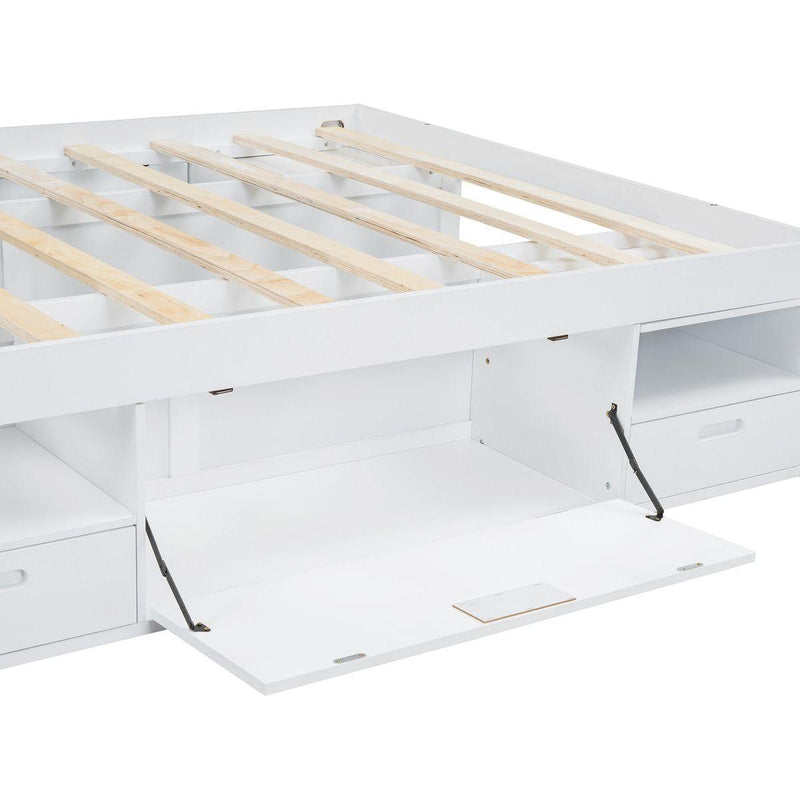 Storage Platform Bed Frame with Multiple Drawers and Shelves No Box Spring Needed, Queen Size,White