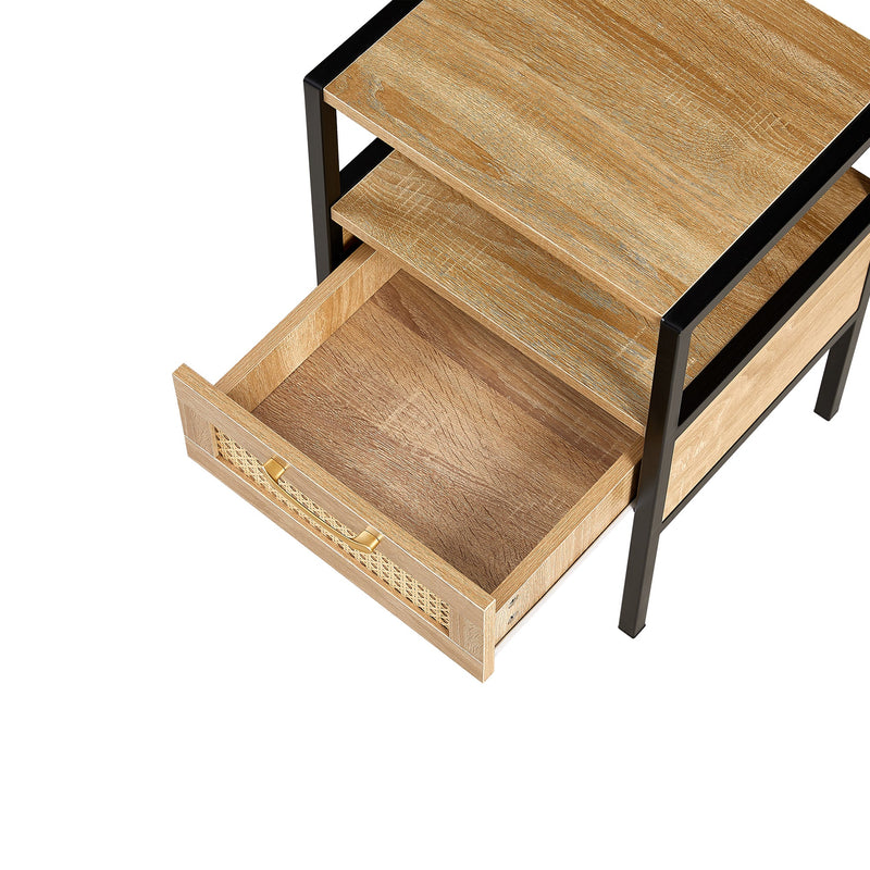 15.75" Rattan End table with drawer, Modern nightstand, metal legs,side table for living room, bedroom,natural(1 pc)