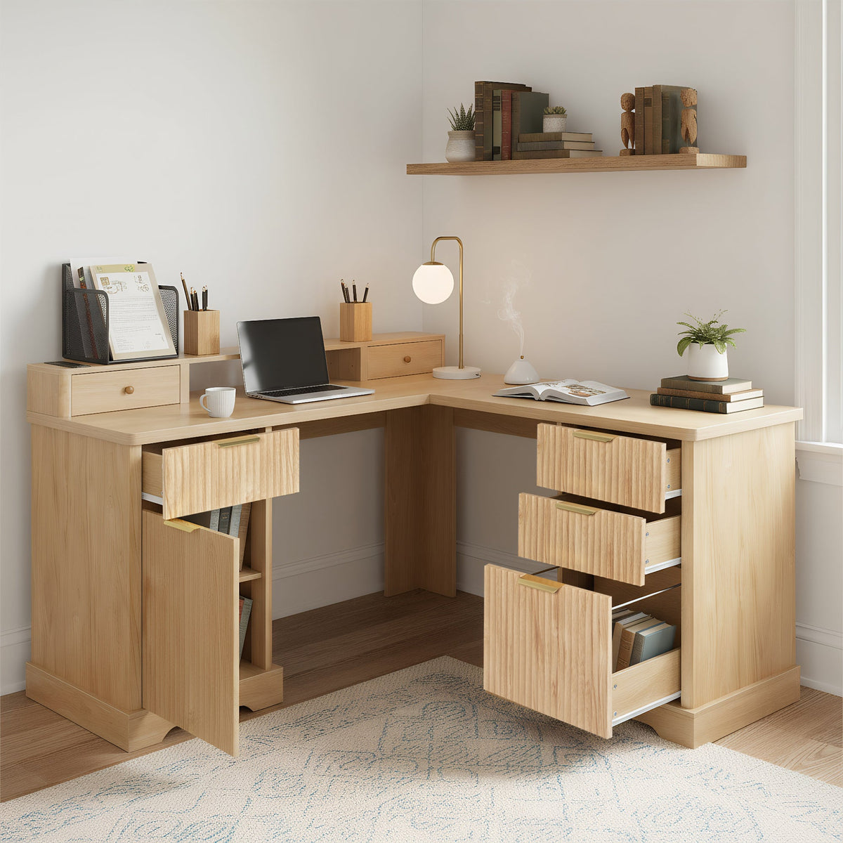 59" Modern Fluted L-Shaped Desk with Charging Station & Storage, photo 3 of 10