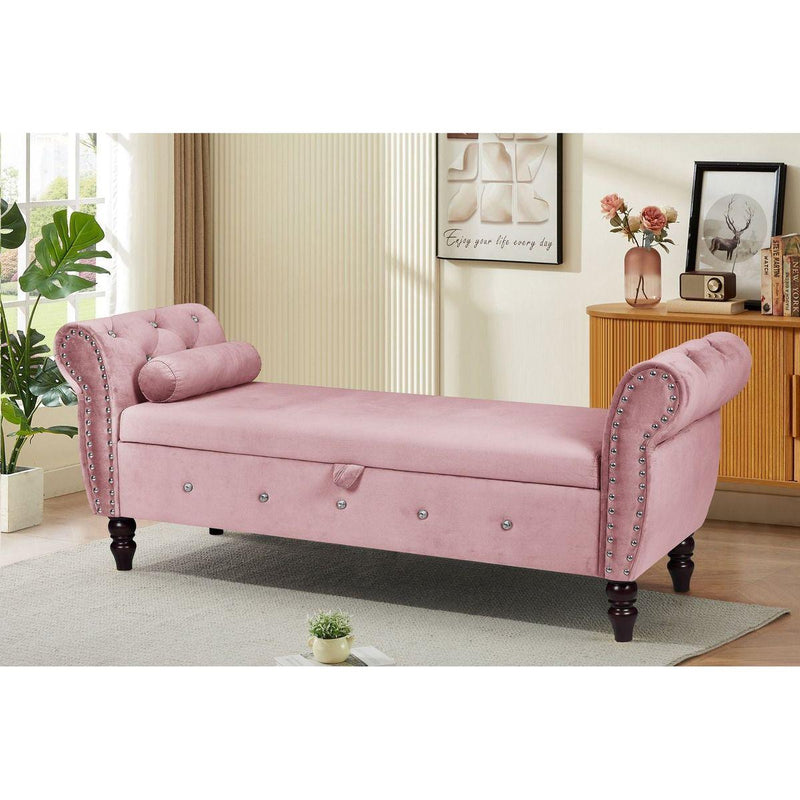 63.38"Velvet Multifunctional Storage Rectangular ottoman bench Comes with crystal buckle Solid Wood Legs with 1 Pillow,Pink