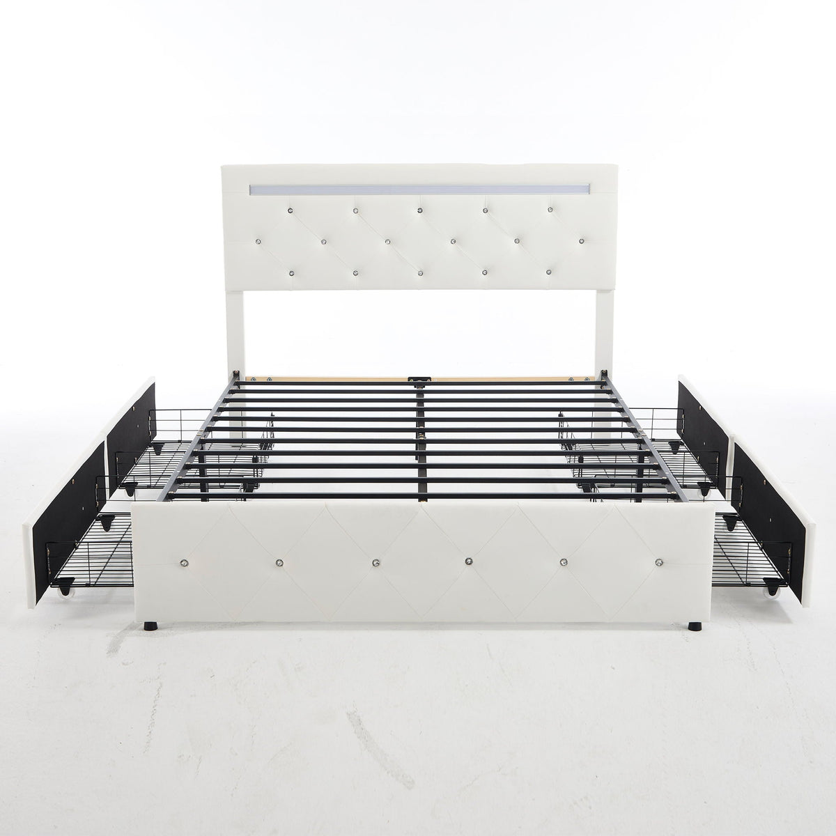 Upholstered Bed Frame With LED Lights, 4 Storage Drawers, Charging Station, photo 3 of 31