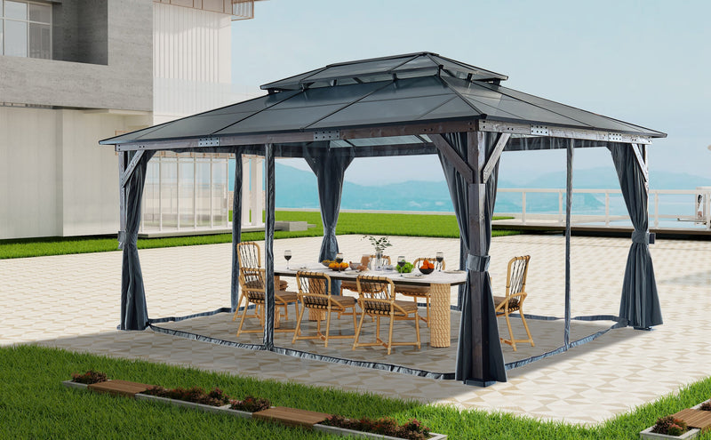 12' x 16' Hardtop Cedar Wood Gazebo for Patios, Outdoor Cedar Framed Gazebo with Double Metal Roof, Solid Wooden Framed Gazebo with Privacy Curtains and Mosquito Nettings for Garden, Backyard