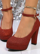 Glitter Platform Block Heel Pumps