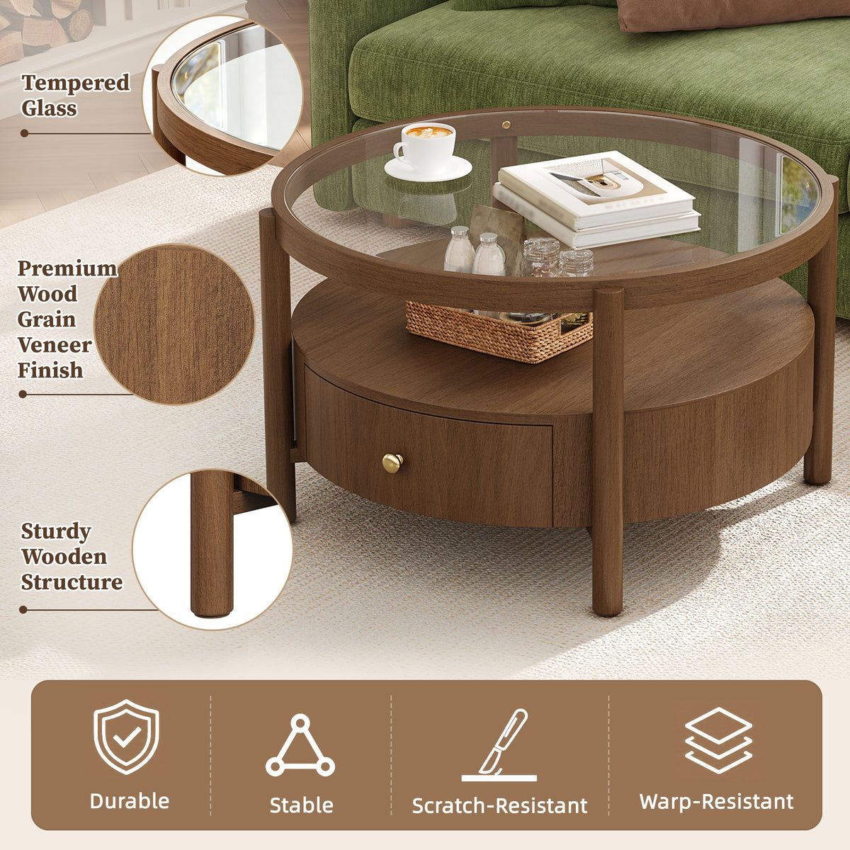 Solid Wood Round Glass Top Coffee Table with Storage Drawer, photo 6 of 10