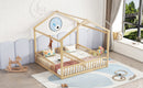 Double Twin House-Style Floor Bed with Fence, Guardrails, without door, Natural(Old Sku:W504P143318)