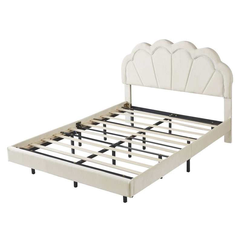 2-Pieces Bedroom Sets Full Size Upholstered LED Platform Bed with Storage Ottoman-Velvet, Beige