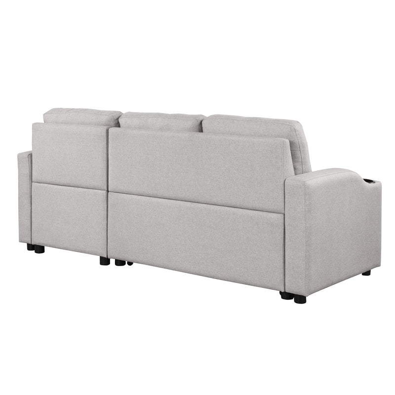 80.3" Pull Out Sofa Bed Modern Padded Upholstered Sofa Bed, Linen Fabric 3 Seater Couch with Storage Chaise and Cup Holder, Small Couch for Small Spaces