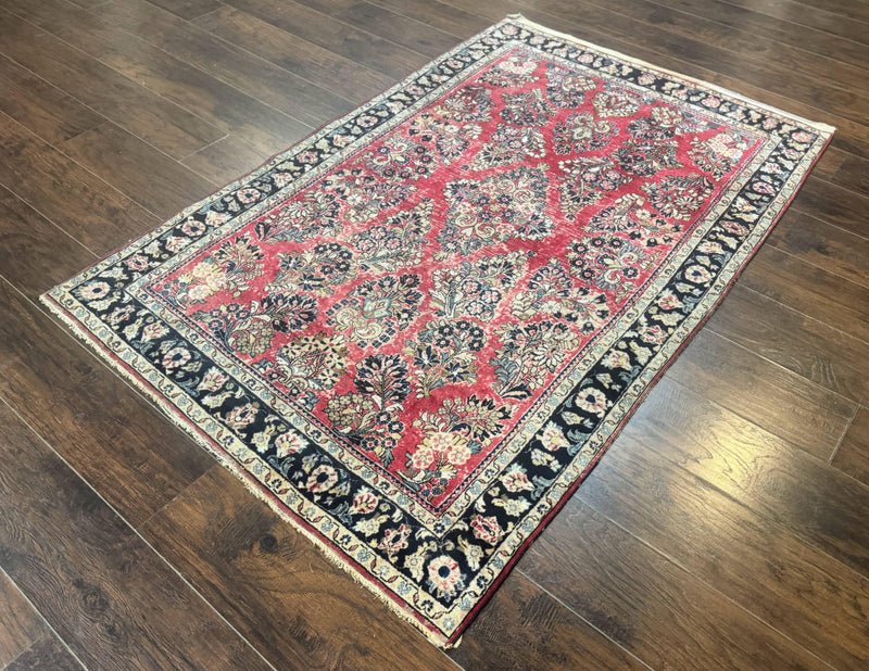 Antique Persian Sarouk Rug 4x7, Floral, Red 1920s Persian Wool Carpet