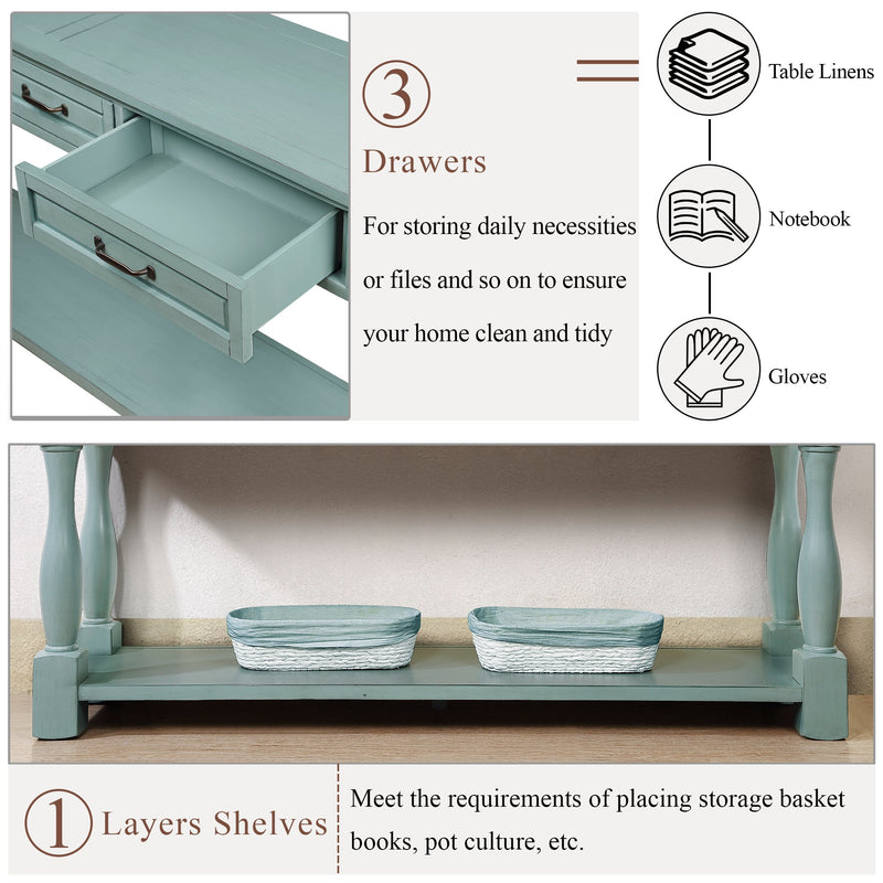 63inch Long Wood Console Table with 3 Drawers and 1 Bottom Shelf for Entryway Hallway Easy Assembly Extra-thick Sofa Table (Retro Blue)