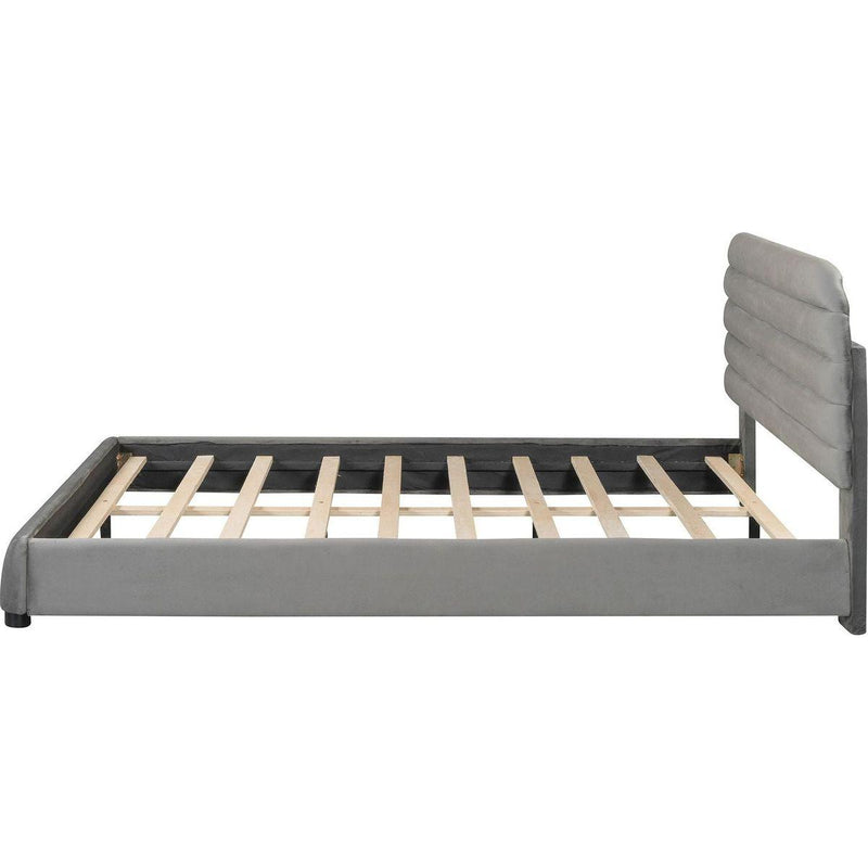 Queen Size Velvet Upholstered Platform Bed,Solid Frame and Stylish Curve-shaped Design, Gray