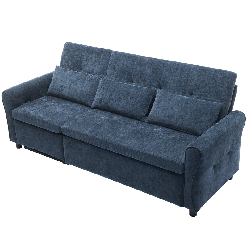 2-in-1 Sofa 82' Three-seater Sofa with Sofa Bed and Reversible Recliner, Blue Chenille
