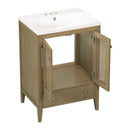 24" Bathroom Vanity with Ceramic Basin, Rattan Bathroom Storage Cabinet with Two Doors and Drawer, Solid Frame, Natural