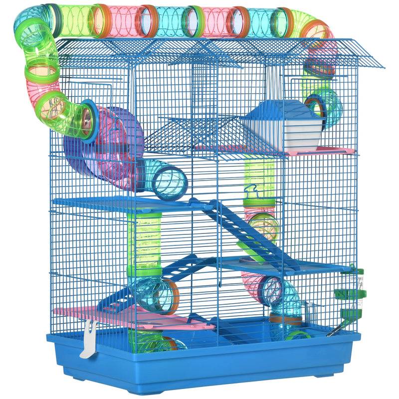 18.5" 5 Tier Hamster Cage with Tubes and Tunnels, Small Animal Cage, Rat Gerbil Cage with Water Bottle, Food Dish, Exercise Wheel, Blue