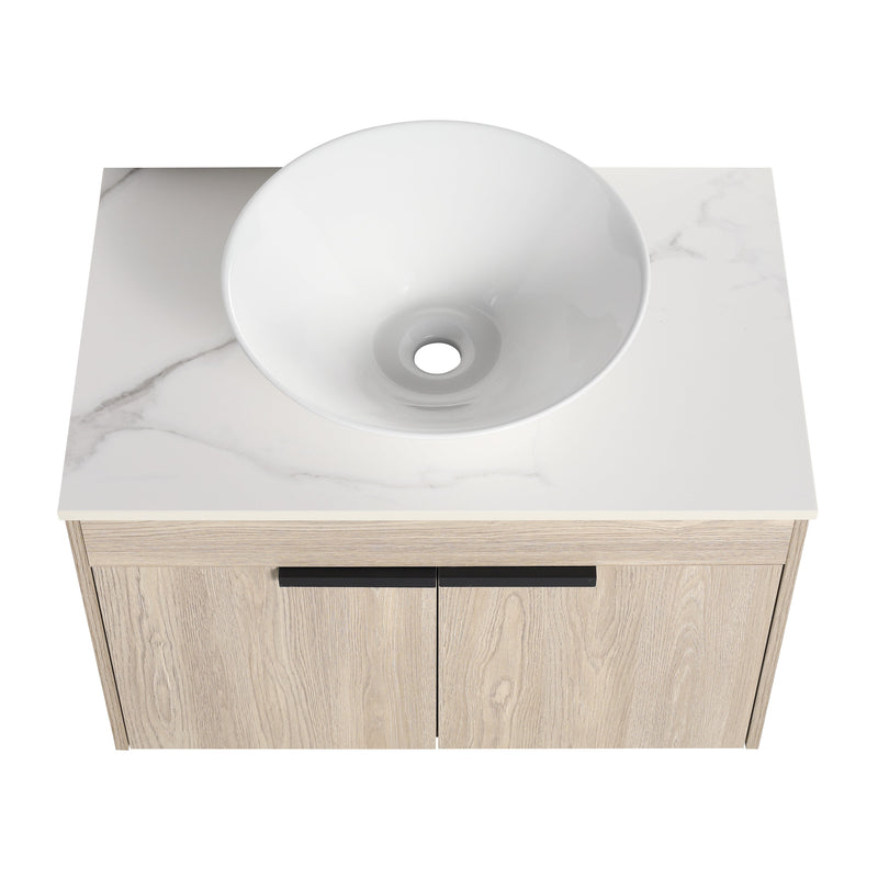 30" Modern Design Float Bathroom Vanity With Ceramic Basin Set, Wall Mounted White Oak Vanity With Soft Close Door, KD-PackingD-Packing Pieces