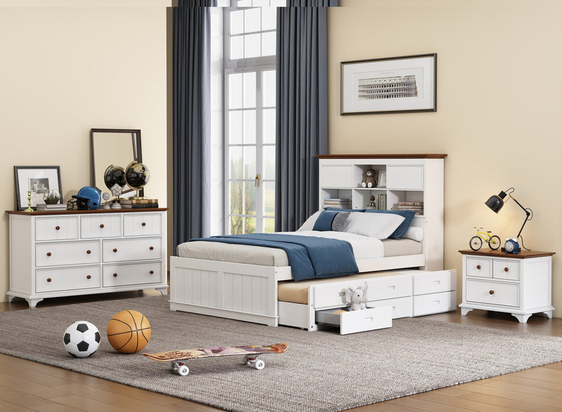 3 Pieces Wooden Captain Bedroom Set Full Bed with Trundle, Nightstand and Dresser, White + Walnut