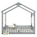 Double Twin House-Style Floor Bed with Fence, Guardrails, without door, Grey(Old Sku:W504P143316)