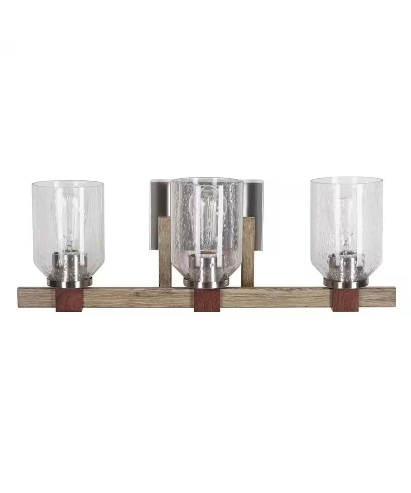 Cresswell 27"W Breckenridge 3-Light Bath Vanity Light Fixture; Brushed Nickel & Walnut Wood Accents & Clear Seeded Glass Shades