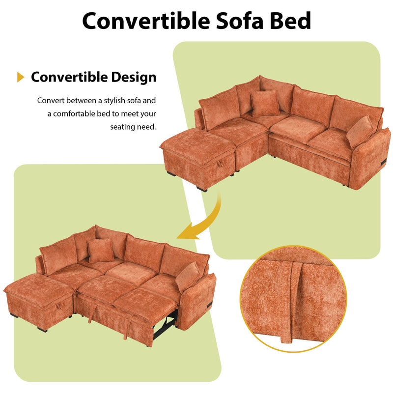 82.67"Convertible Sofa Bed Sectional Sofa Sleeper L-shaped Sofa with a Storage Ottoman,Two Pillows, Two Power Sockets and Two USB Ports for Living Room, Orange
