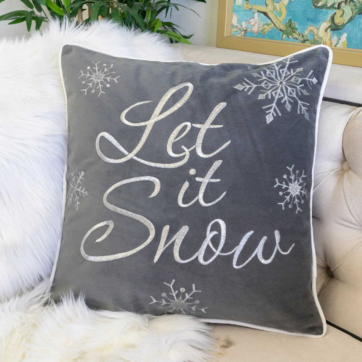 Let It Snow Embroidered Cotton Throw Pillow, photo 4 of 6