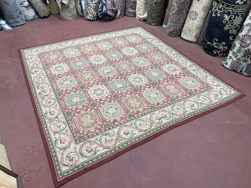 9x9 Square Rug Hand Knotted, Needlepoint Aubusson Carpet, Blush Red, Beige, Green, New, Mint Condition Area Rug, English European Design