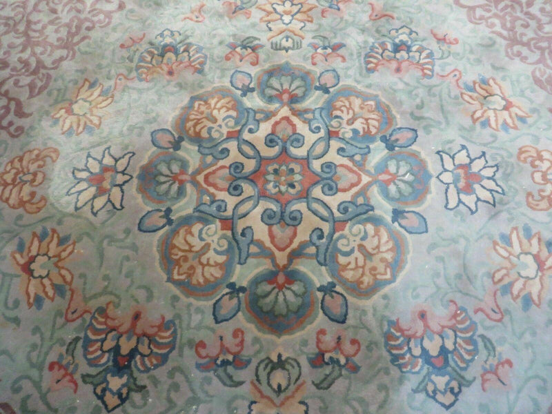 9' X 12' Vintage Handmade Chinese Carving Sculpture Wool Rug Flower Design Pink Carpet