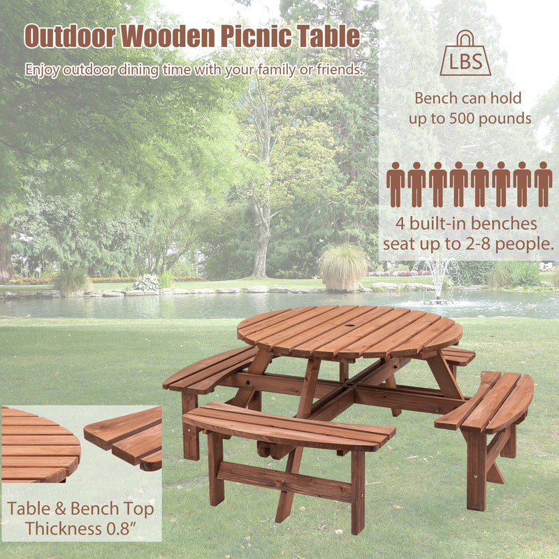 8 Person Wooden Picnic Table, Outdoor Camping Dining Table with Seat, Garden, DIY w/ 4 Built-in Benches, 2220lb Capacity