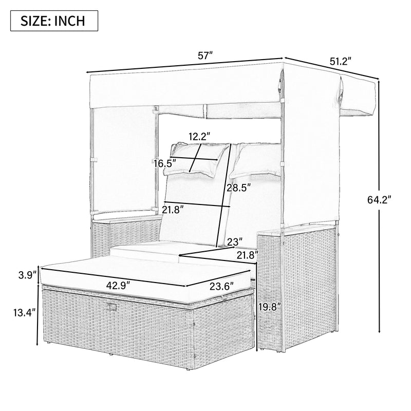 2-Piece Rattan Outdoor Patio Bench Lounge Roof Set, Effective UV Protection Fabric & Waterproof Cushions and Adjustable Backrest for Garden, Backyard and Porch (Grey Wicker + Grey Fabric)