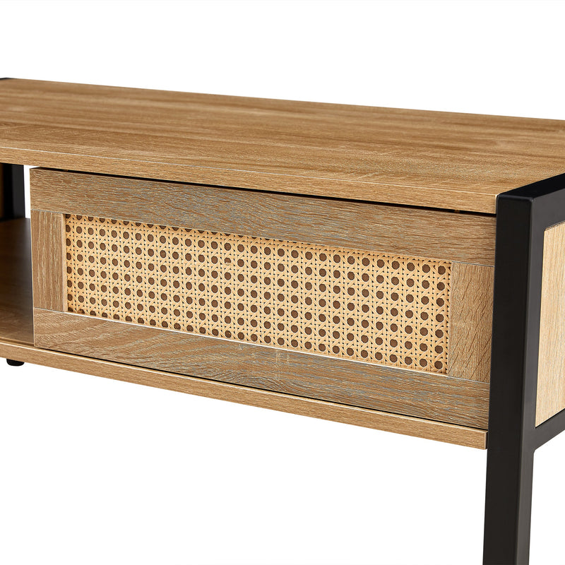 40.16" Rattan Coffee table, sliding door for storage, metal legs, Modern table for living room, natural