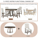 5-Piece Retro Functional Dining Set, Round Table with a 16"W Leaf and 4 Upholstered Chairs for Dining Room and Living Room (Walnut)