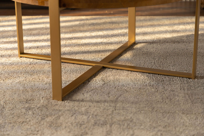 33.86"Modern Retro Splicing Round Coffee Table,Fir Wood Table Top with Gold Cross Legs Base