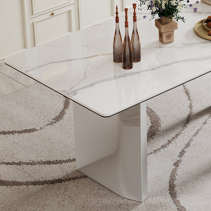 0.47" Thick Sintered Stone Composite Tempered Glass Top Rectangular Dining Table with Stainless Steel Base