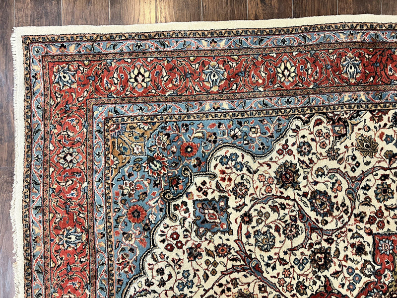 Persian Sarouk Rug 8x12, Wool Hand Knotted Antique Carpet, Floral Medallion, Cream Red, Traditional Oriental Rug