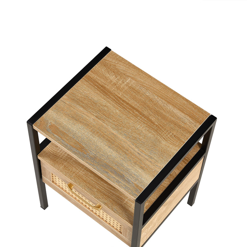 15.75" Rattan End table with drawer, Modern nightstand, metal legs,side table for living room, bedroom,natural(1 pc)