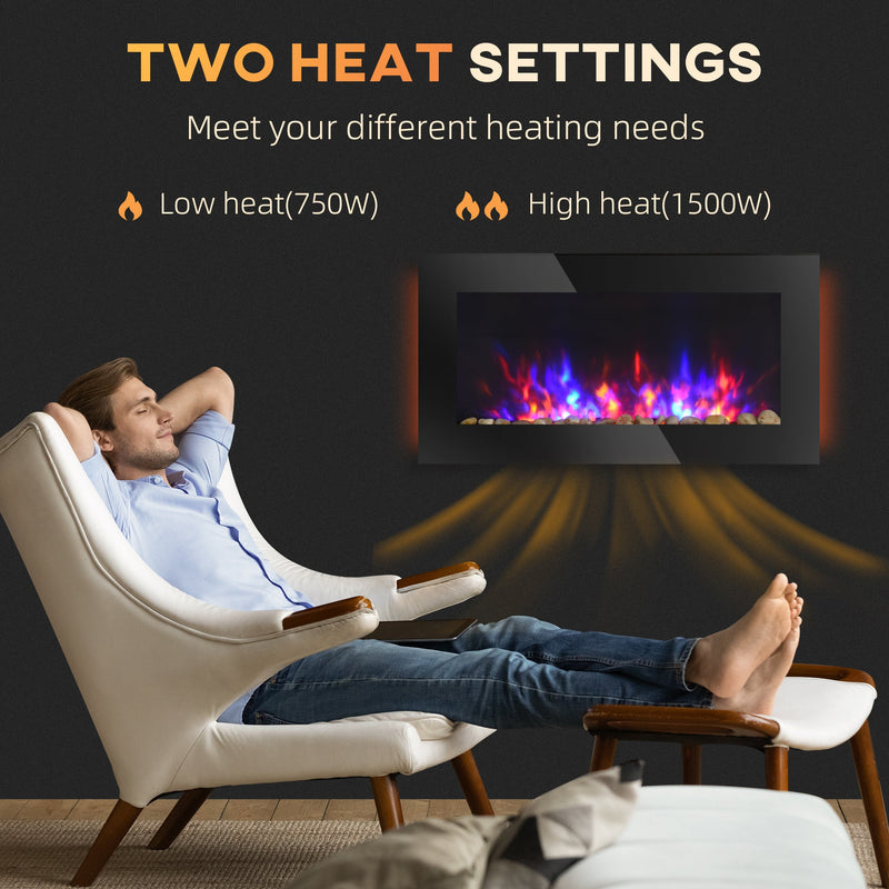 36" 1500W Electric Wall-Mounted Fireplace with Flame Effect, 7 Color Background Light and Side Light, Black