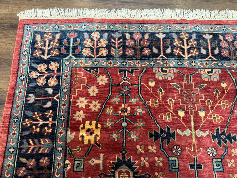 Indo Persian Heriz Serapi Rug 6x8, Rust Red and Navy Blue, Allover Pattern