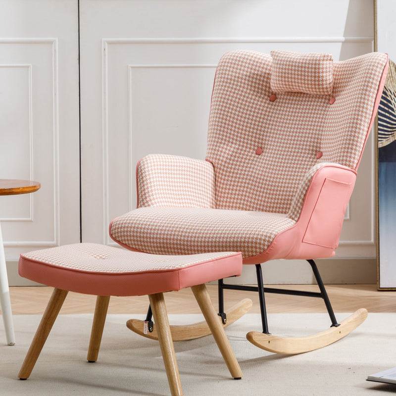 35.5 inch Rocking Chair, Soft Houndstooth Fabric Leather Fabric Rocking Chair for Nursery, Comfy Wingback Glider Rocker with Safe Solid Wood Base for Living Room Bedroom Balcony (pink)